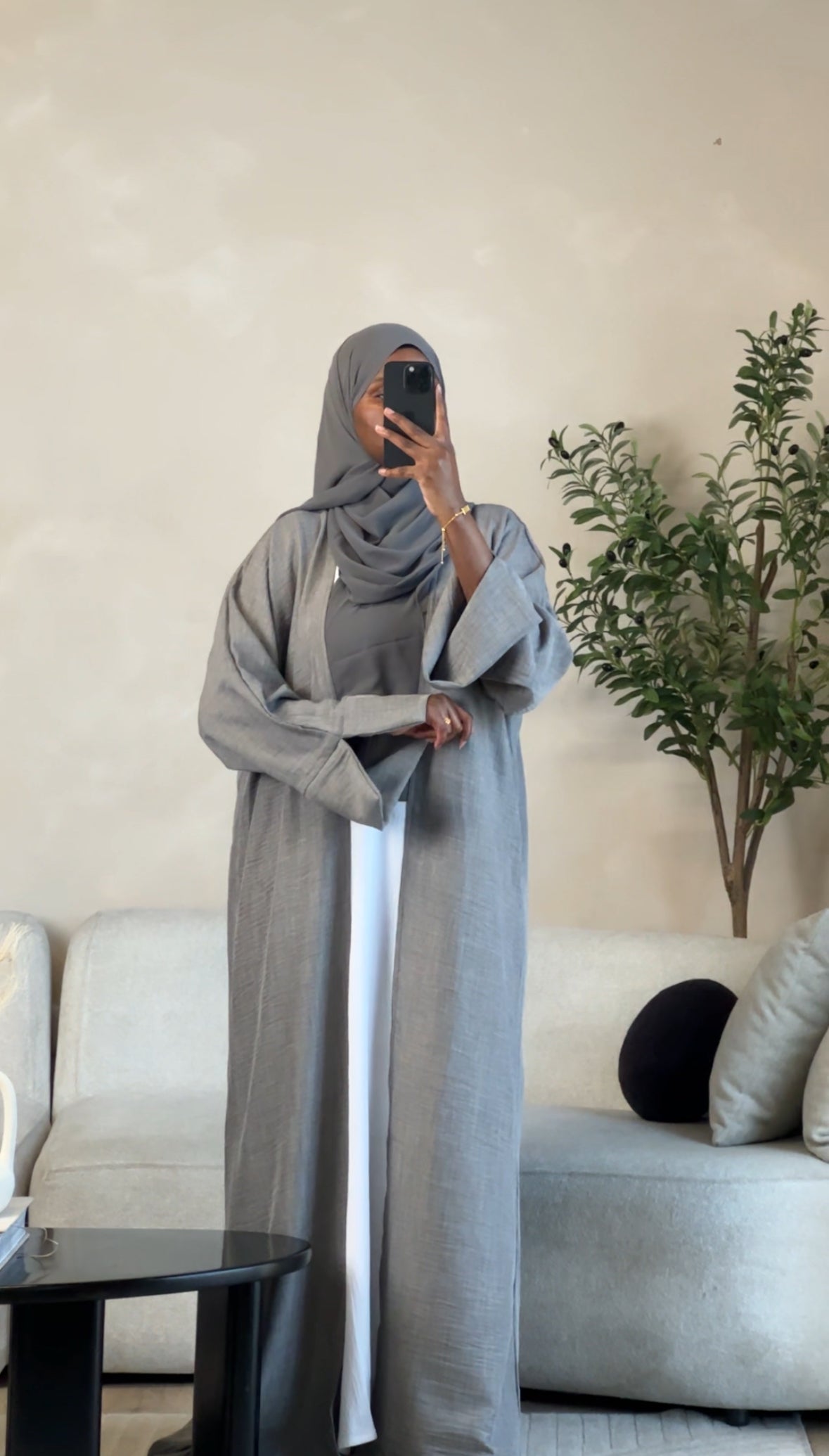 Linen Open Abaya, Front Side, Grey