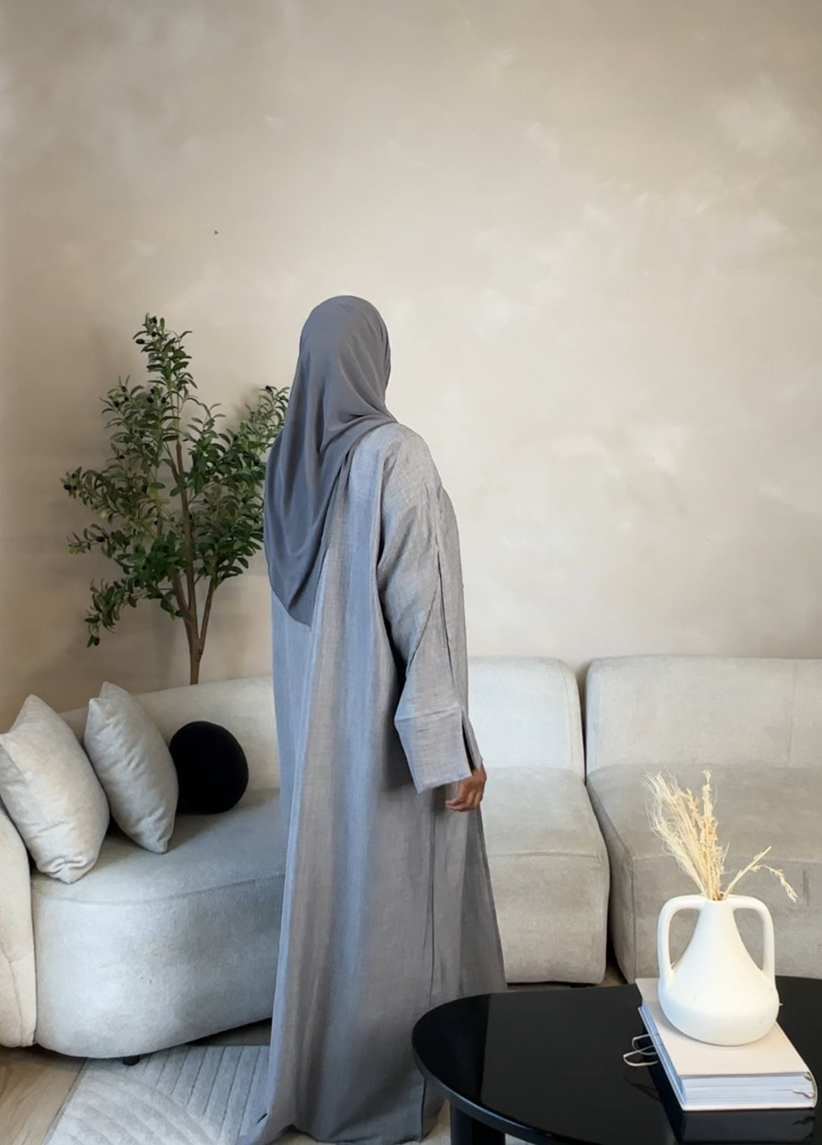 Linen Open Abaya, Back Side, Grey