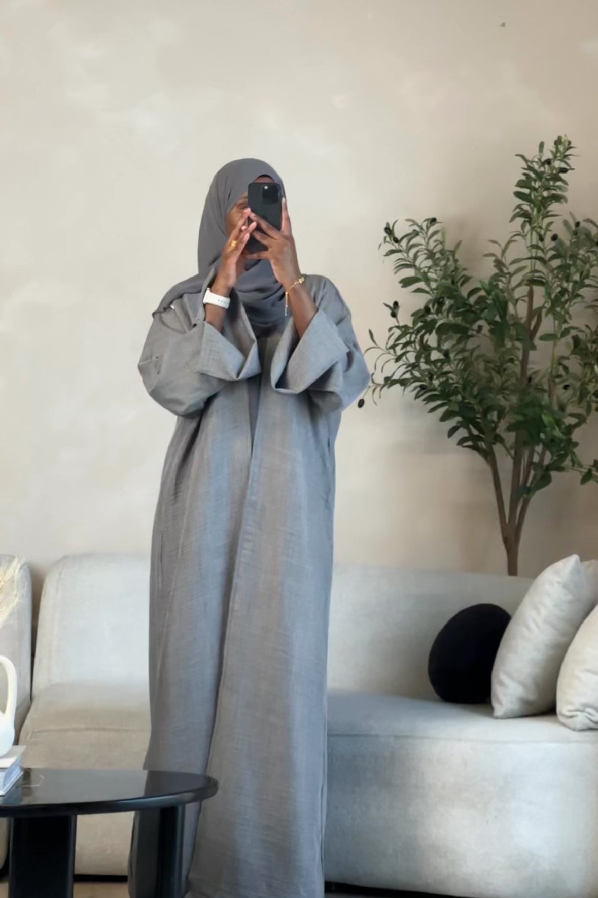 Linen Open Abaya, Front Side, Grey