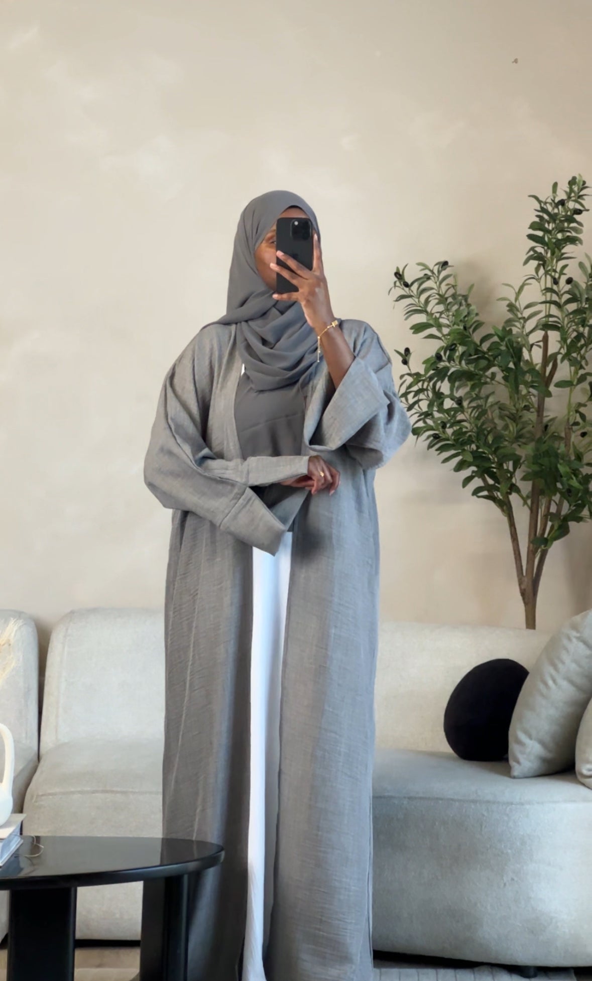 Linen Open Abaya, Front Side, Grey